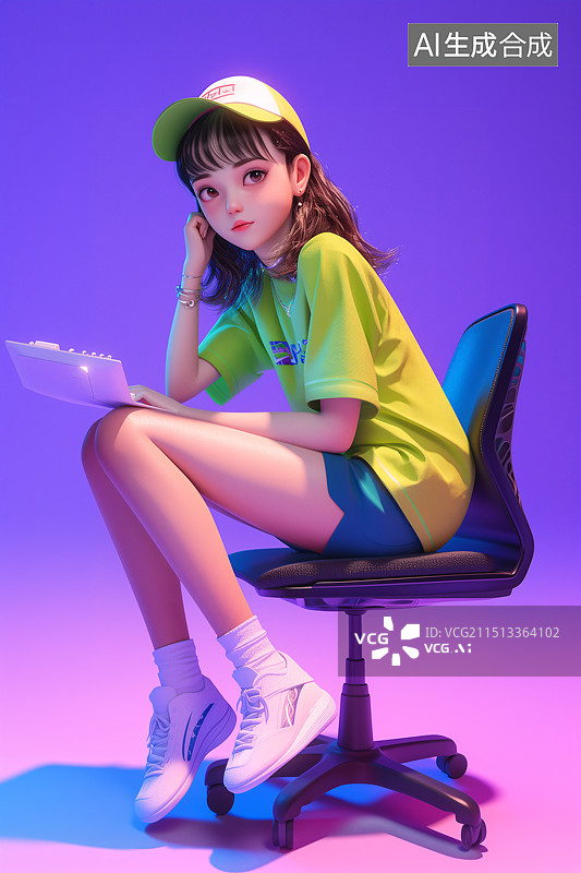 【AI数字艺术】3D多巴胺色电脑前的时尚青年图片素材