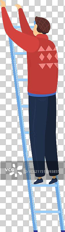 男人爬梯子，身穿红色毛衣图片素材