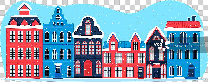 冬季小镇街景（鲜艳的建筑，蓝红色调）图片素材
