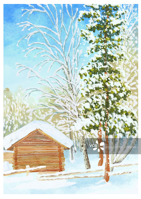 木屋雪景手绘插画图片素材