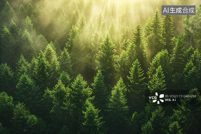 【AI数字艺术】清晨阳光下的广袤的针叶林森林航拍图片素材