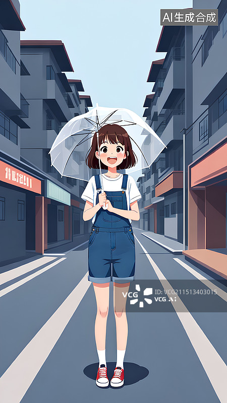 【AI数字艺术】插画风格，下雨天，少女手撑透明雨伞图片素材