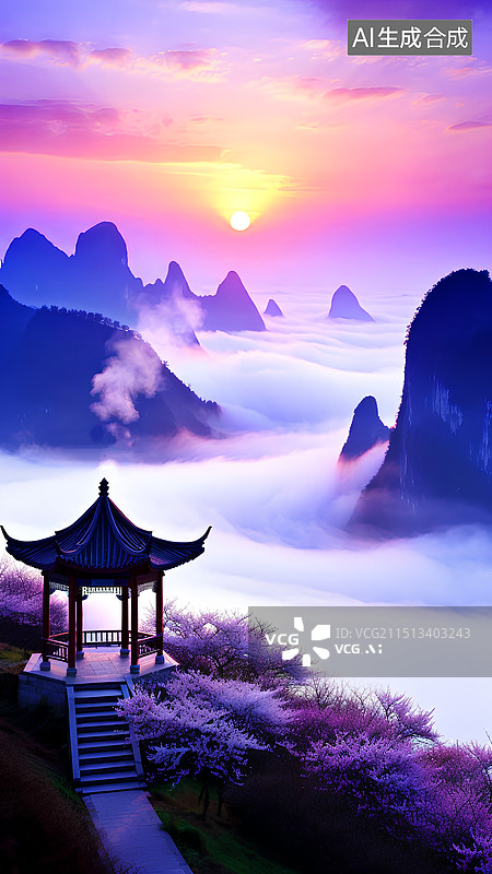 【AI数字艺术】唯美古风，云海日出，紫霞满天，云雾缭绕，樱花盛开图片素材