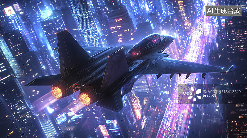【AI数字艺术】战斗机在城市穿梭赛博朋克风格图片素材