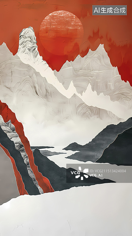 【AI数字艺术】朱砂青色山水画卷插画海报背景图片素材