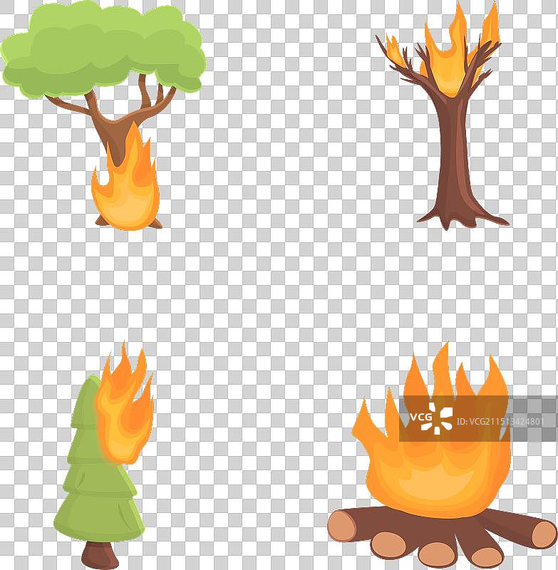 卡通燃烧树森林火灾图标图片素材