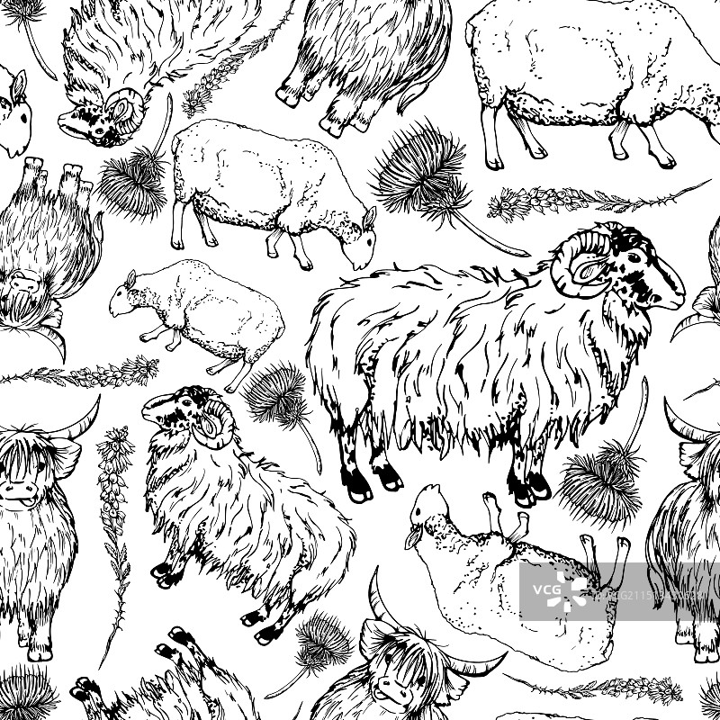 手绘水墨图形草图无缝图案图片素材