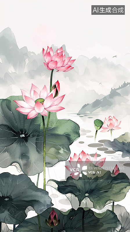 【AI数字艺术】写意荷花山水图图片素材
