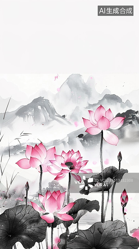 【AI数字艺术】写意荷花山水图图片素材