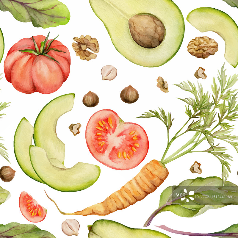 手绘水彩蔬菜沙拉和坚果图片素材