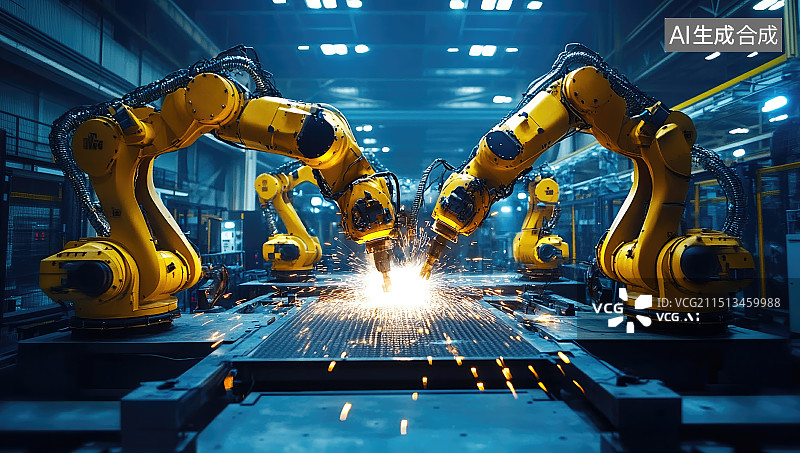 【AI数字艺术】焊接机器人在装配线上工作图片素材