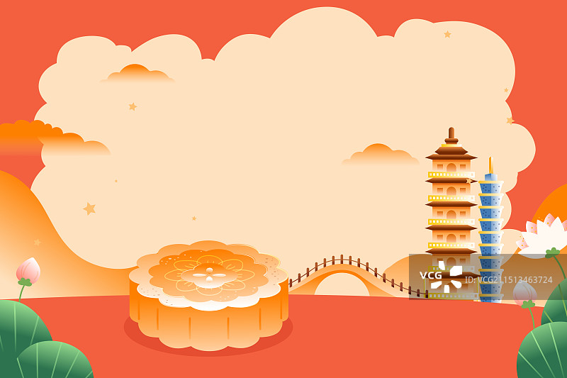 卡通秋季中秋节传统节日习俗古风兔子玉兔月饼美食餐饮礼盒古建筑旅游旅行背景中国风国潮渐变矢量插画图片素材