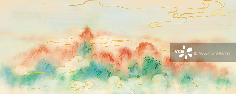 水墨风青绿山水长卷轴插画图片素材