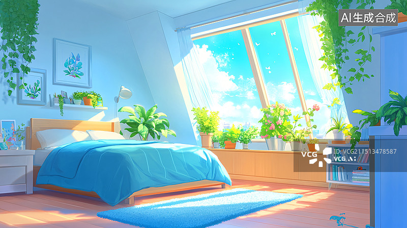 【AI数字艺术】世界睡眠日卧室床睡眠休息放松舒适卡通背景图片素材