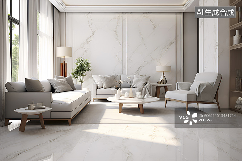 【AI数字艺术】大理石墙面客厅样板间图片素材