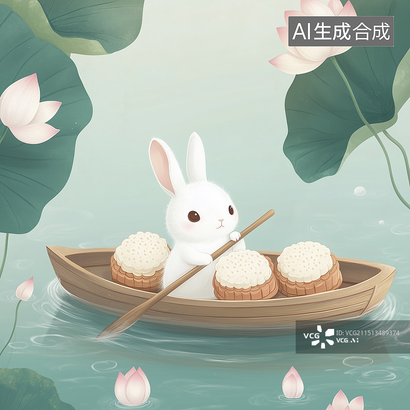 【AI数字艺术】中国风国潮风中秋节的兔子划船运送月饼插画 绿色荷塘背景图片素材