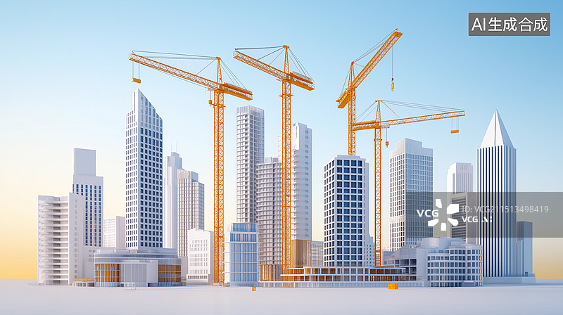 【AI数字艺术】城市更新主题插画——城市中新建的摩天大楼与塔吊图片素材