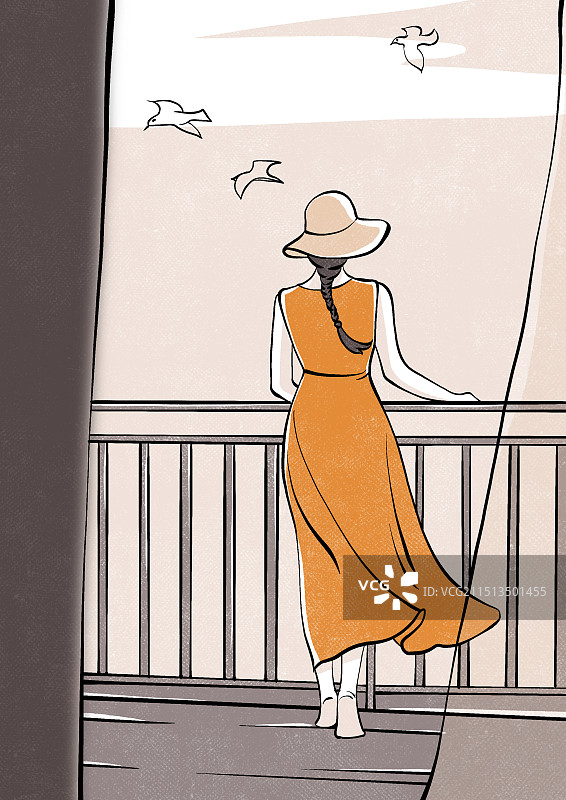 站在阳台的女孩背影卡通漫画治愈系插图图片素材