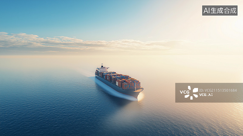 【AI数字艺术】远洋航运主题海报——一艘集装箱船行驶在大海上图片素材