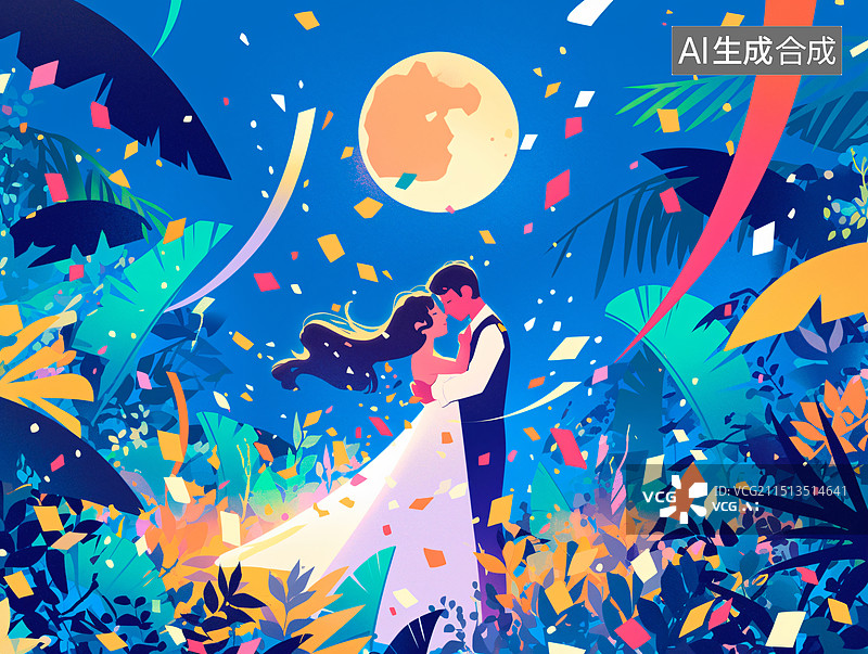 【AI数字艺术】一对情侣站花丛里拥抱，浪漫鲜花氛围背景插画图片素材