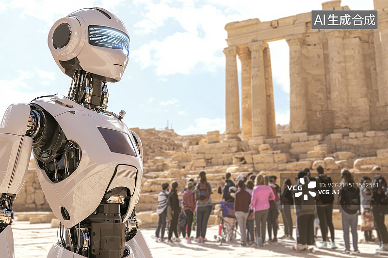 【AI数字艺术】在古代遗迹前向游客提供导览服务的智能机器人图片素材