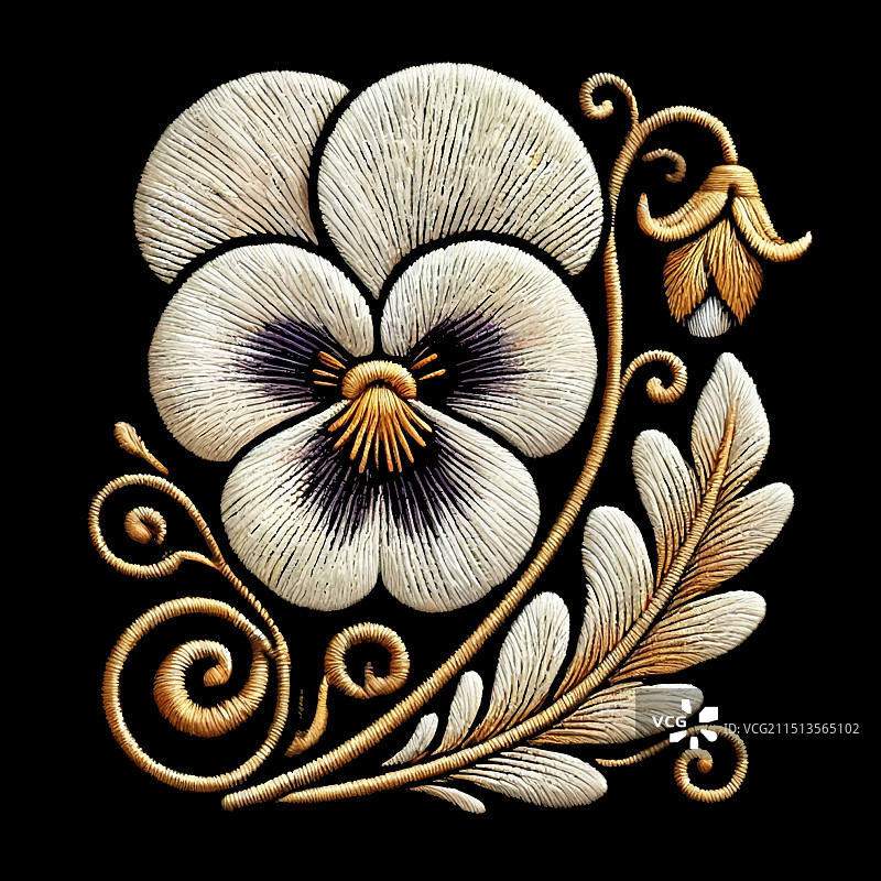 优雅刺绣3D三色堇花卉图案图片素材