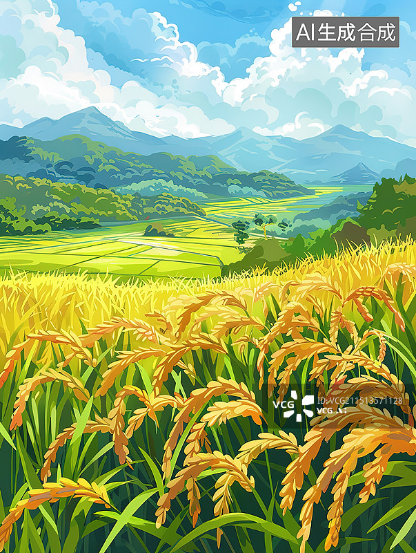 【AI数字艺术】夏天清新的麦田和小麦插画图片素材