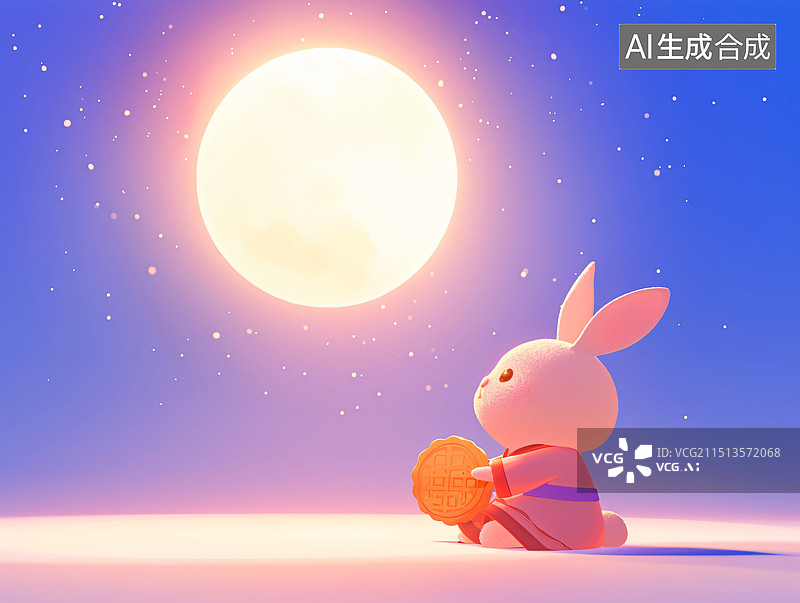【AI数字艺术】3D卡通中秋节场景，明亮的满月，渐变的蓝紫色的天空，一只可爱的兔子穿着汉服拿着月饼，仰望着月亮。图片素材