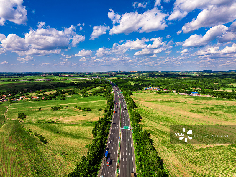 中国东北京哈高速蓝天白云高速公路航拍图片素材