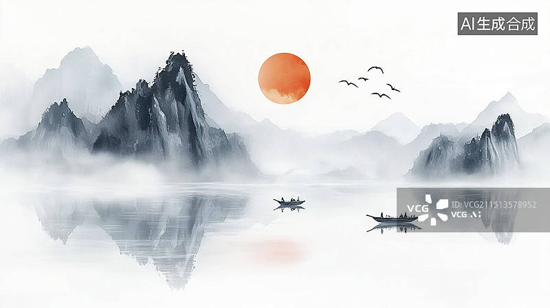 【AI数字艺术】中国风复古山水画太阳和船图片素材