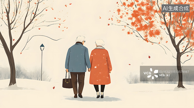 【AI数字艺术】一对户外散步的老人图片素材