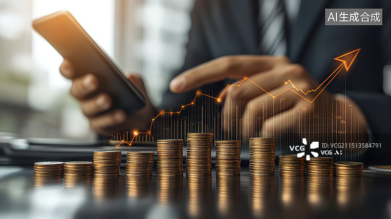 【AI数字艺术】一个男商人用手机进行金融理财图片素材