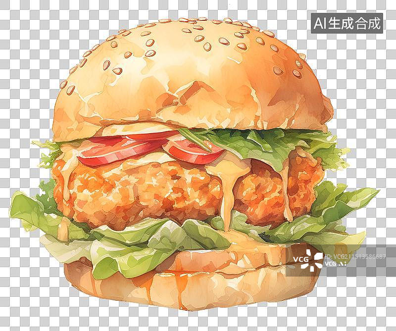 【AI数字艺术】鸡腿汉堡 插画插图水彩画图片素材