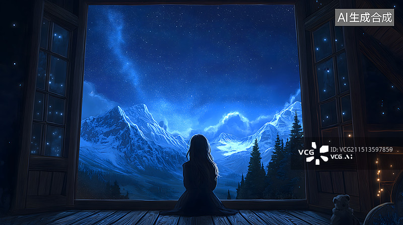 【AI数字艺术】夜晚坐在窗户边仰望星空的女孩图片素材