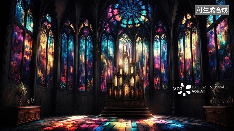 【AI数字艺术】教堂光影：彩色玻璃窗下的庄严一角图片素材
