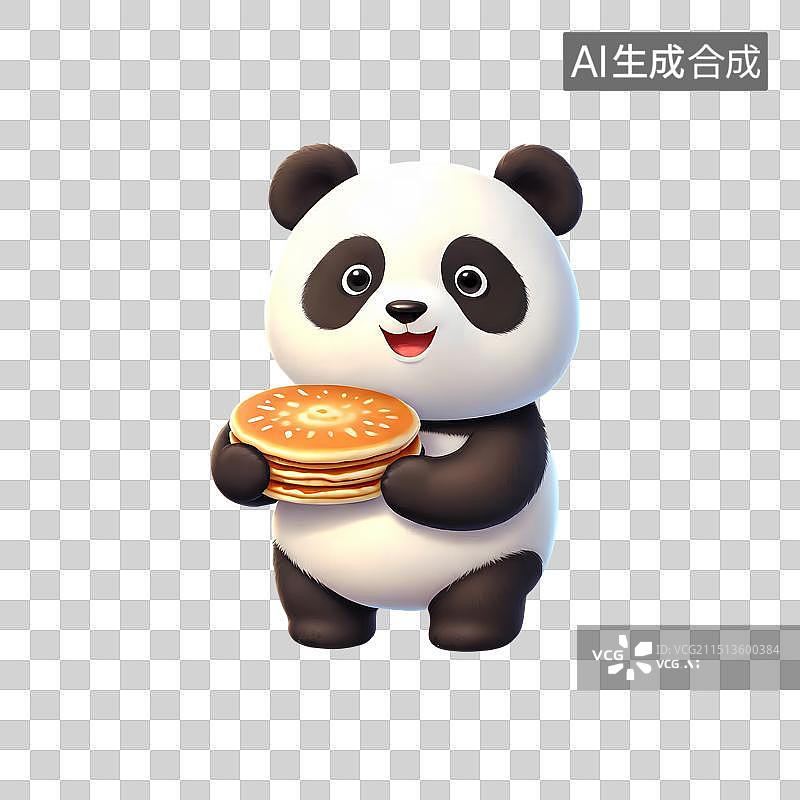 【AI数字艺术】3D渲染卡通熊猫，手里拿着煎饼，锅盔，烤饼，的大熊猫，中国传统美食图片素材