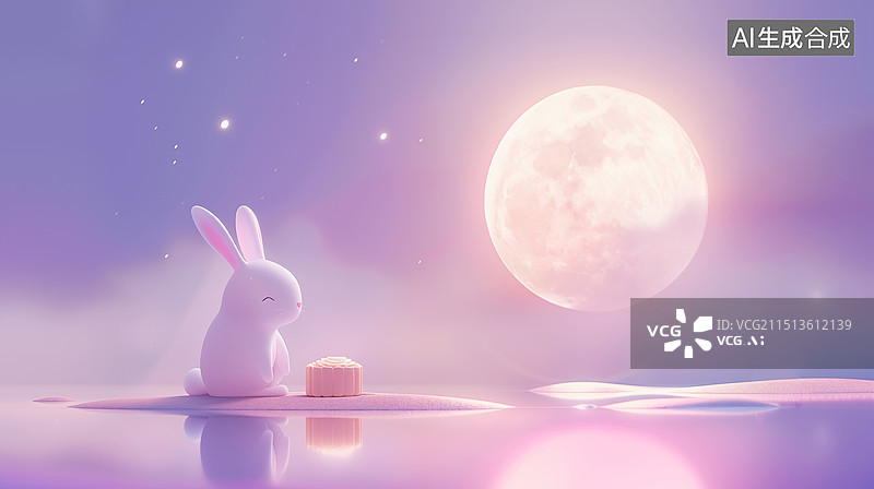 【AI数字艺术】梦幻背景中秋节可爱的兔子吃美味的月饼图片素材