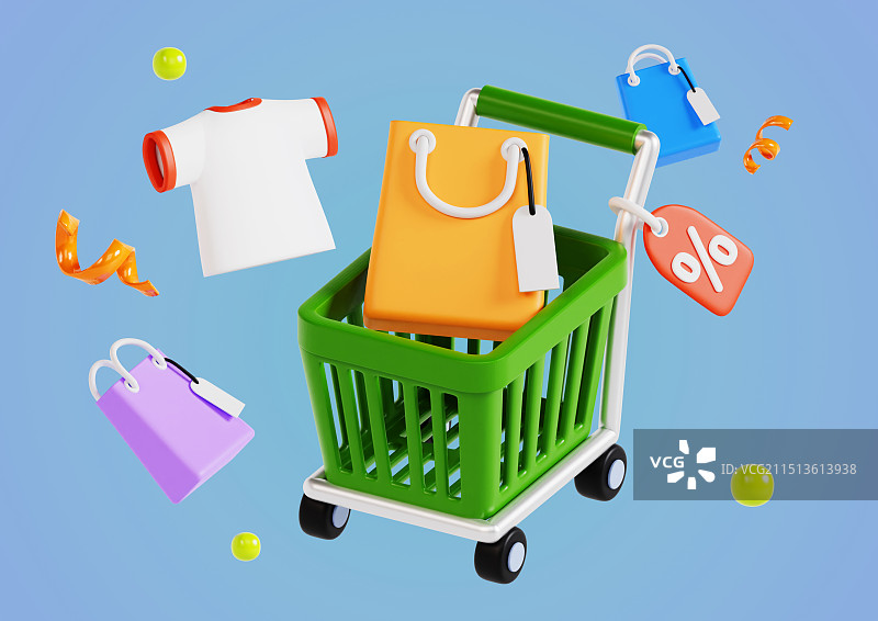 装有购物袋的购物车图片素材