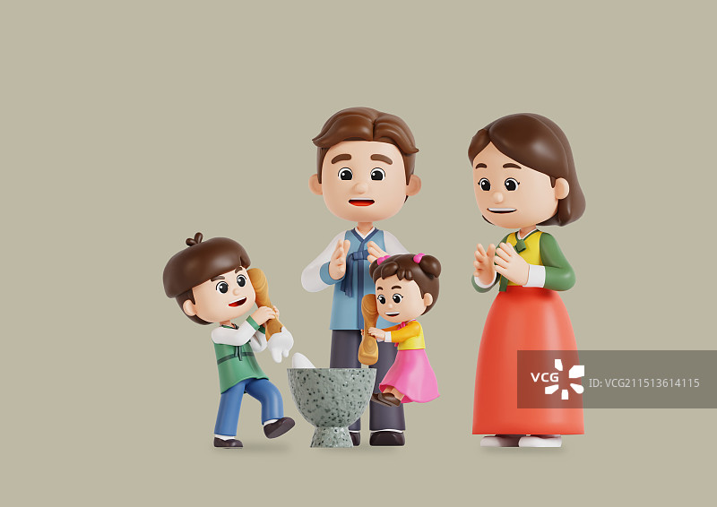 孩子在捣年糕，家长在观看图片素材