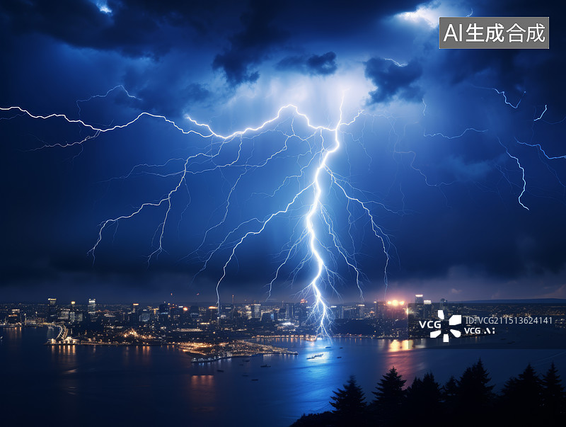 【AI数字艺术】空中闪电下的城市夜景图片素材
