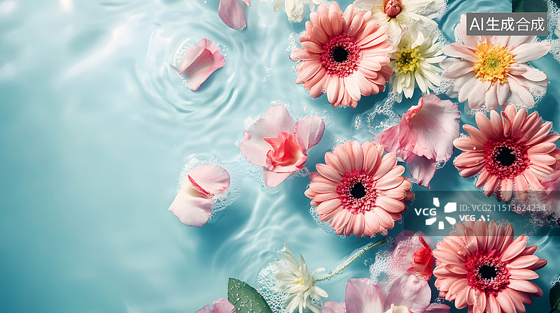 【AI数字艺术】水面上的鲜花花朵图片素材