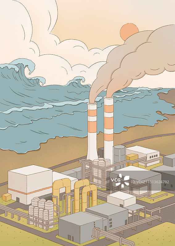 工厂烟囱生态环境污染环保全球变暖气候海水上涨图片素材