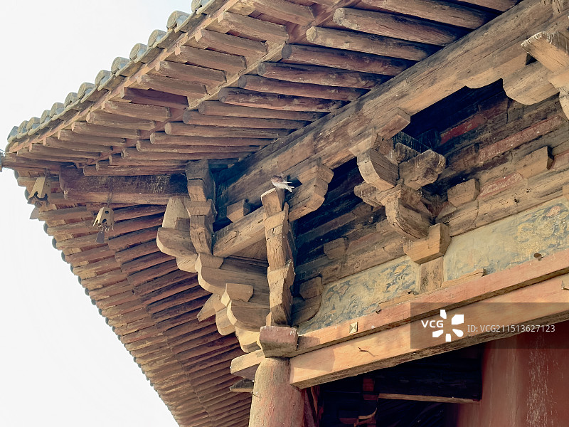 山西朔州应县木塔(佛宫寺释迦塔)斗拱梁柱木结构特写图片素材