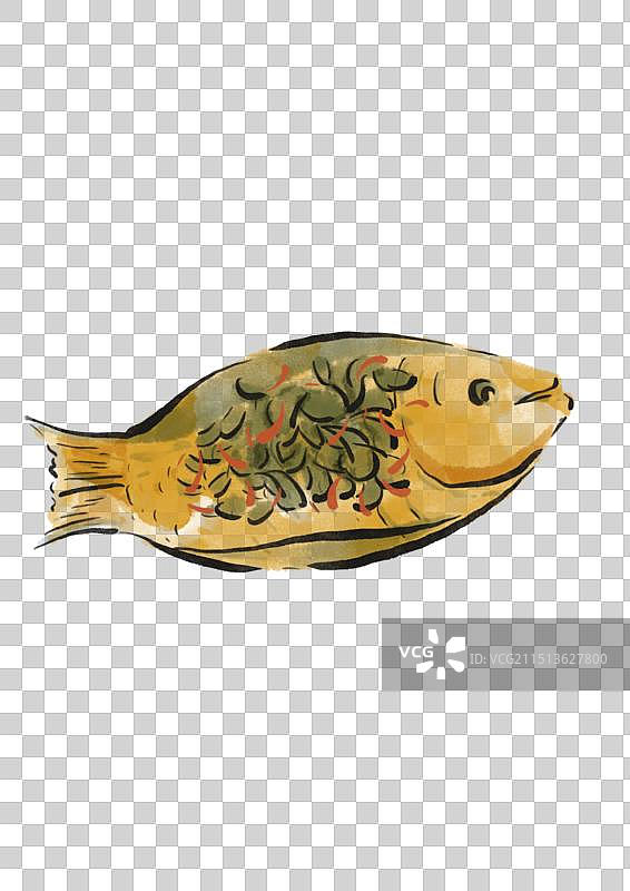 水墨风宁波美食插画元素-雪菜黄鱼图片素材