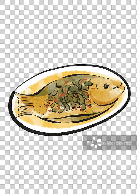 水墨风宁波美食插画元素-雪菜黄鱼图片素材