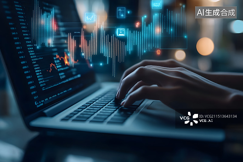 【AI数字艺术】手敲键盘商务金融数据背景图片素材