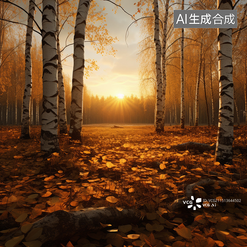 【AI数字艺术】秋天金色阳光的白桦林风光图片素材