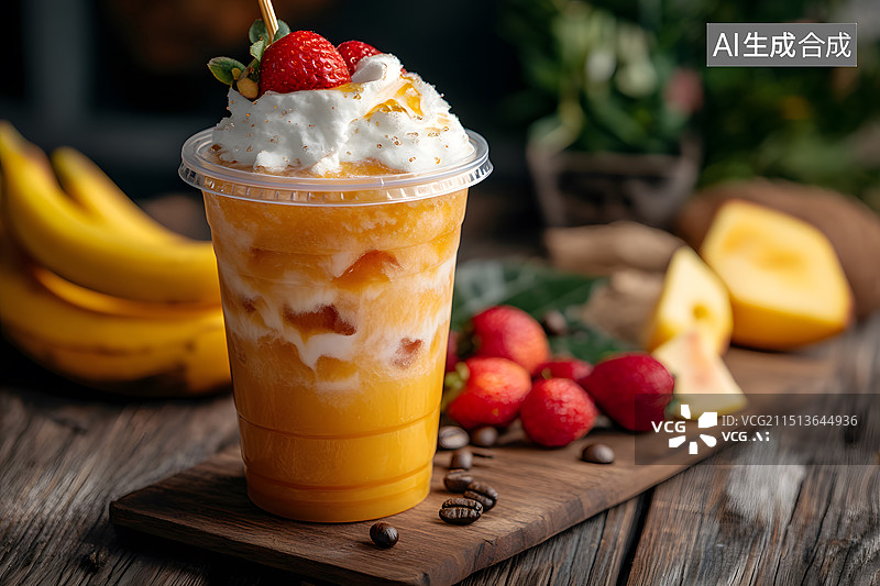 【AI数字艺术】桌上的一杯水果奶茶图片素材