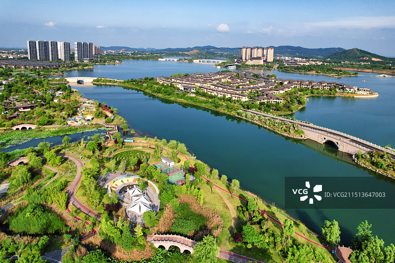 孝感汉川天屿湖景区航拍全景夜景图片素材