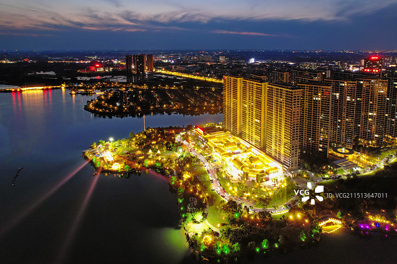 孝感汉川天屿湖景区航拍全景夜景图片素材